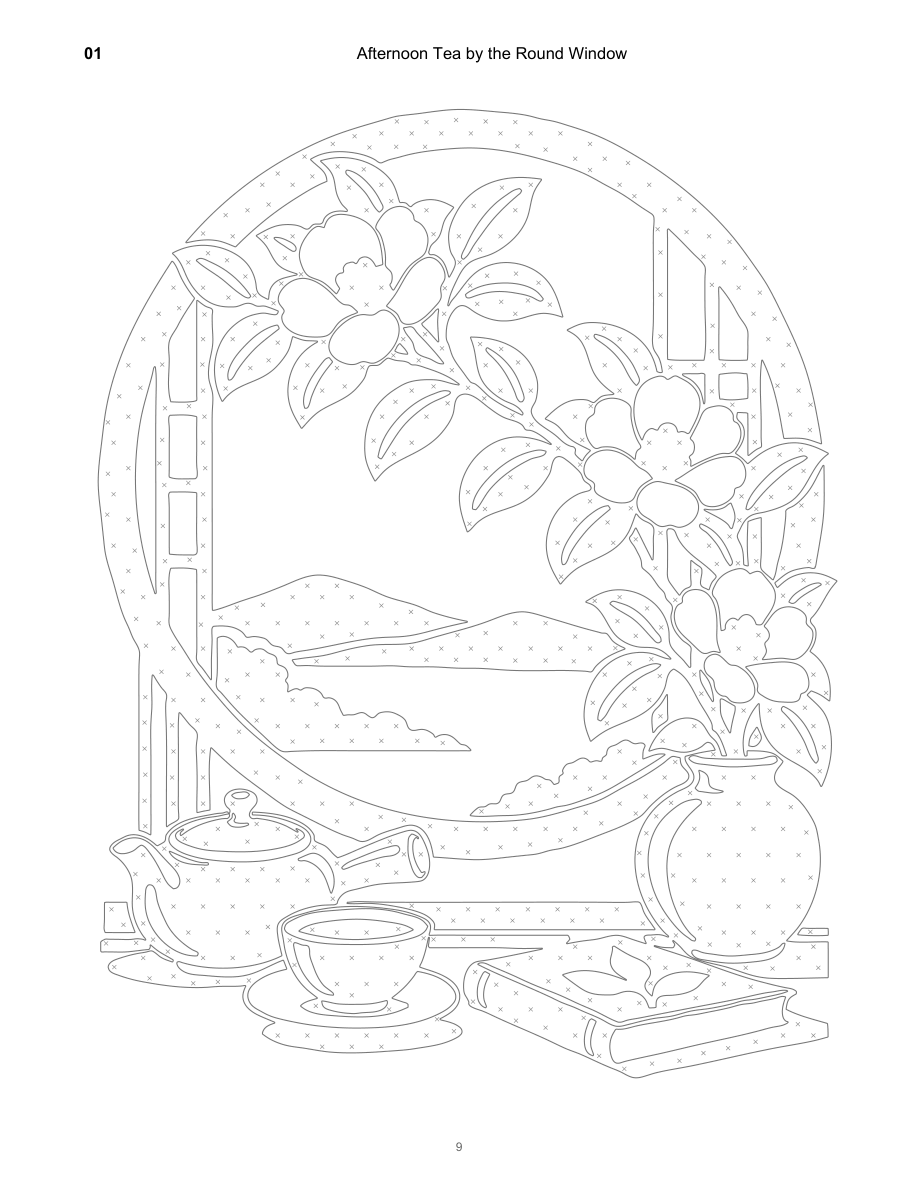 Round-window coloring page with cross marks